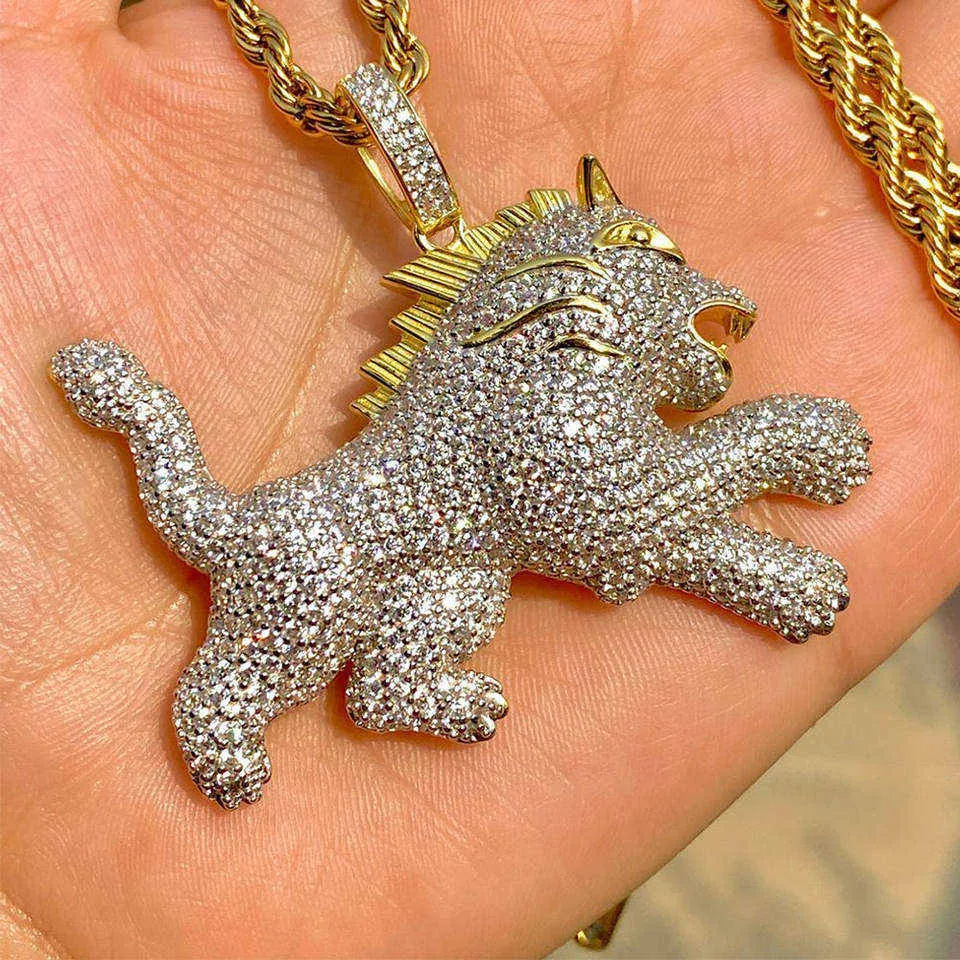 Iced Out Cubic Zircon Bling Animal Mens Lion Pendant Necklace Women Hiphop Rock Jewelry Cz Necklaces