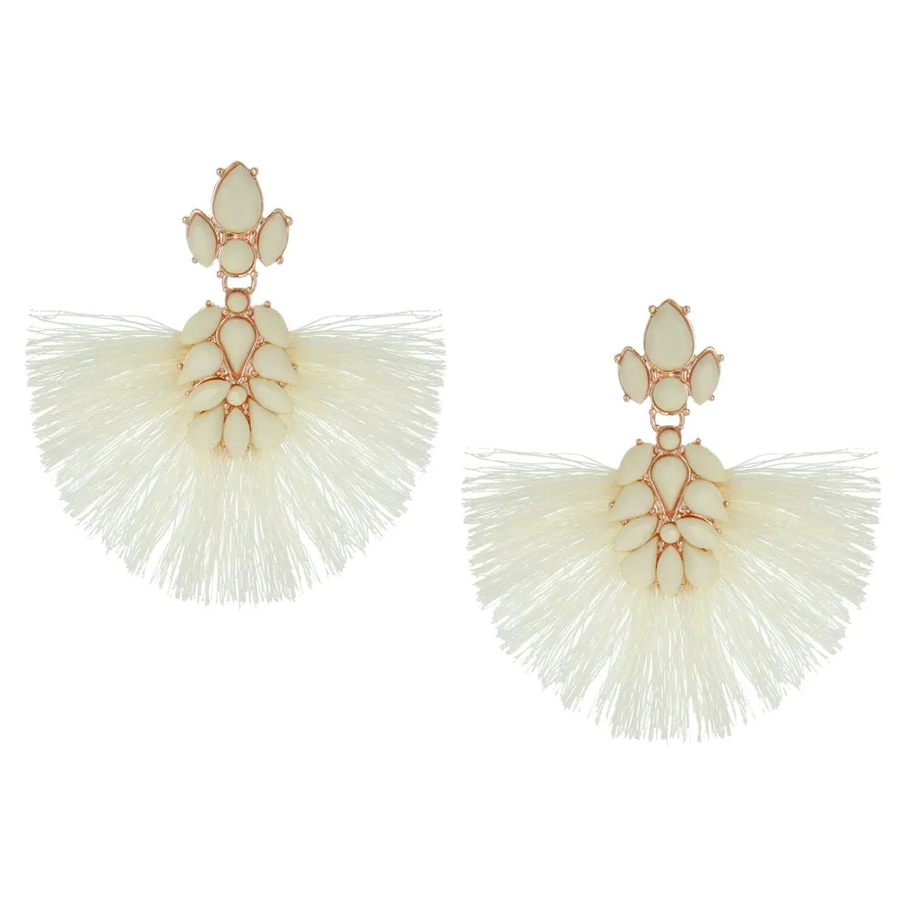 Ivory Stone and Fabric Fun Fashion Tassel Earrings on Rose Gold | EY9446RGIV