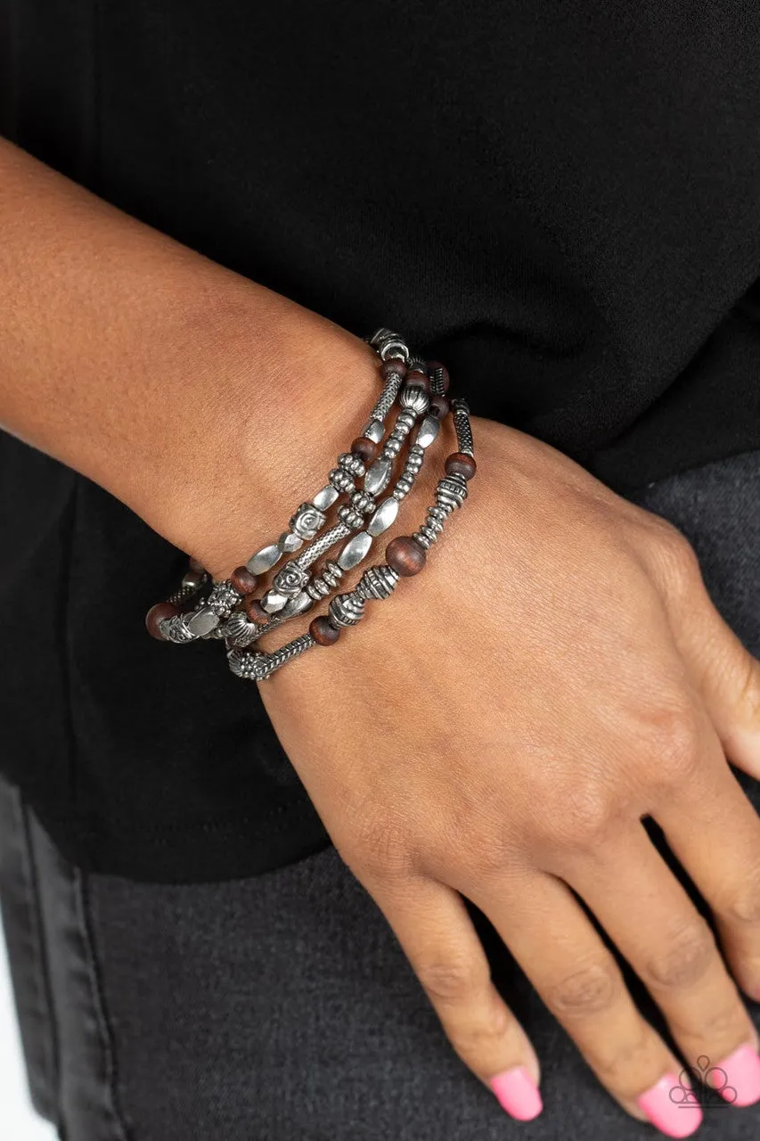 Jungle Jubilee - Brown - Wooden Bead Textured Silver Paparazzi Stretchy Bracelet