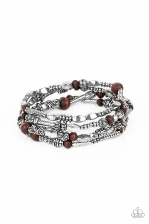 Jungle Jubilee - Brown - Wooden Bead Textured Silver Paparazzi Stretchy Bracelet