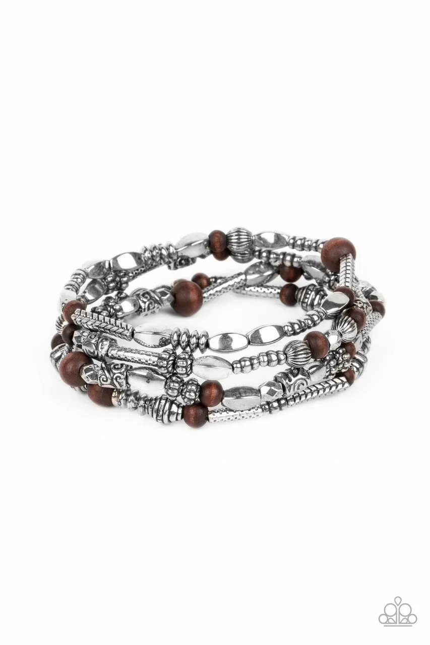 Jungle Jubilee - Brown - Wooden Bead Textured Silver Paparazzi Stretchy Bracelet