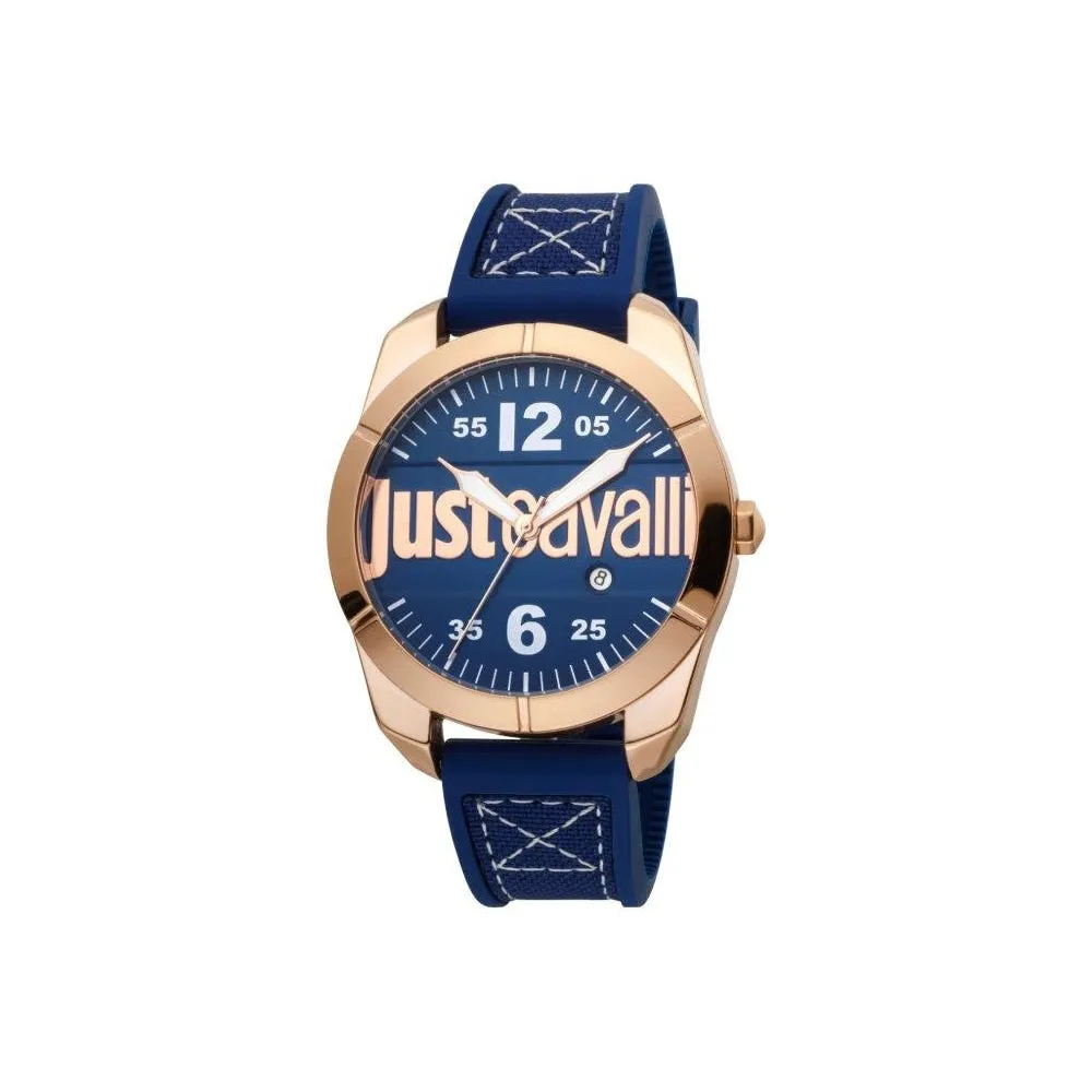 Just Cavalli Men's Watch Ip Rose Gold Case Blue Dial & Blue Rubber Strap