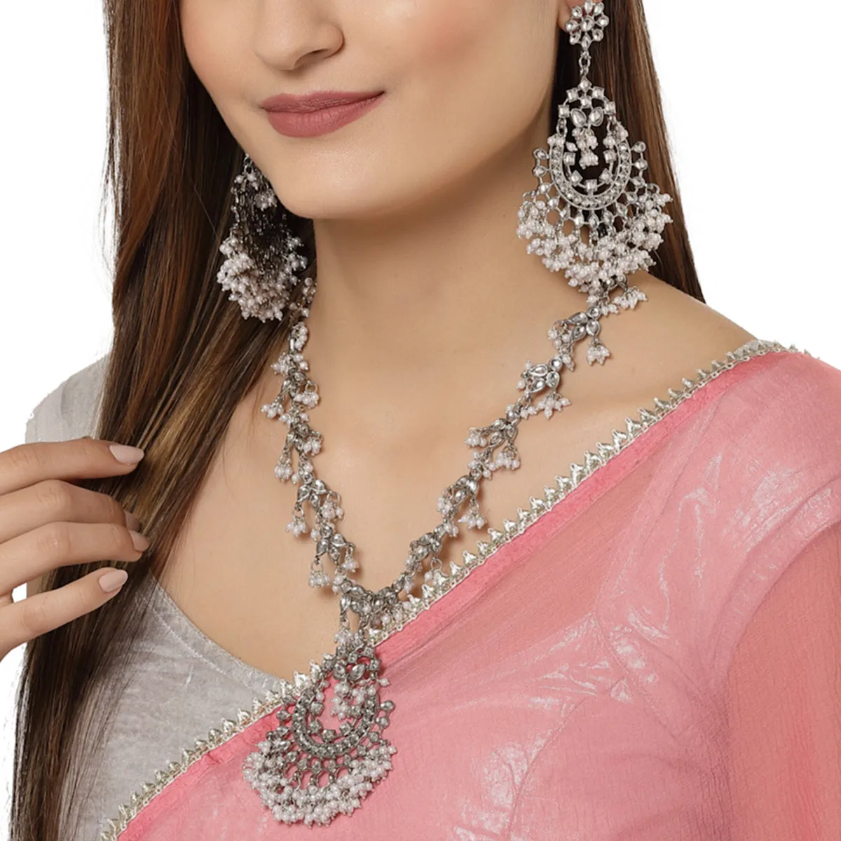 Karatcart Oxidised Silver White Tassel Kundan Rani Haar Necklace Setfor Women
