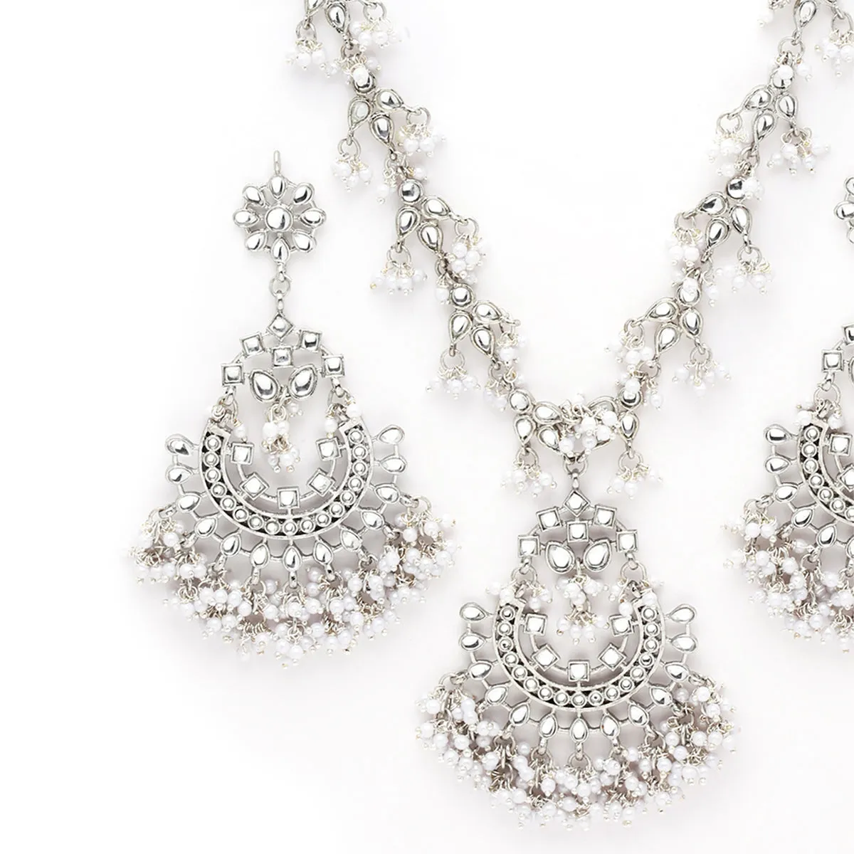Karatcart Oxidised Silver White Tassel Kundan Rani Haar Necklace Setfor Women