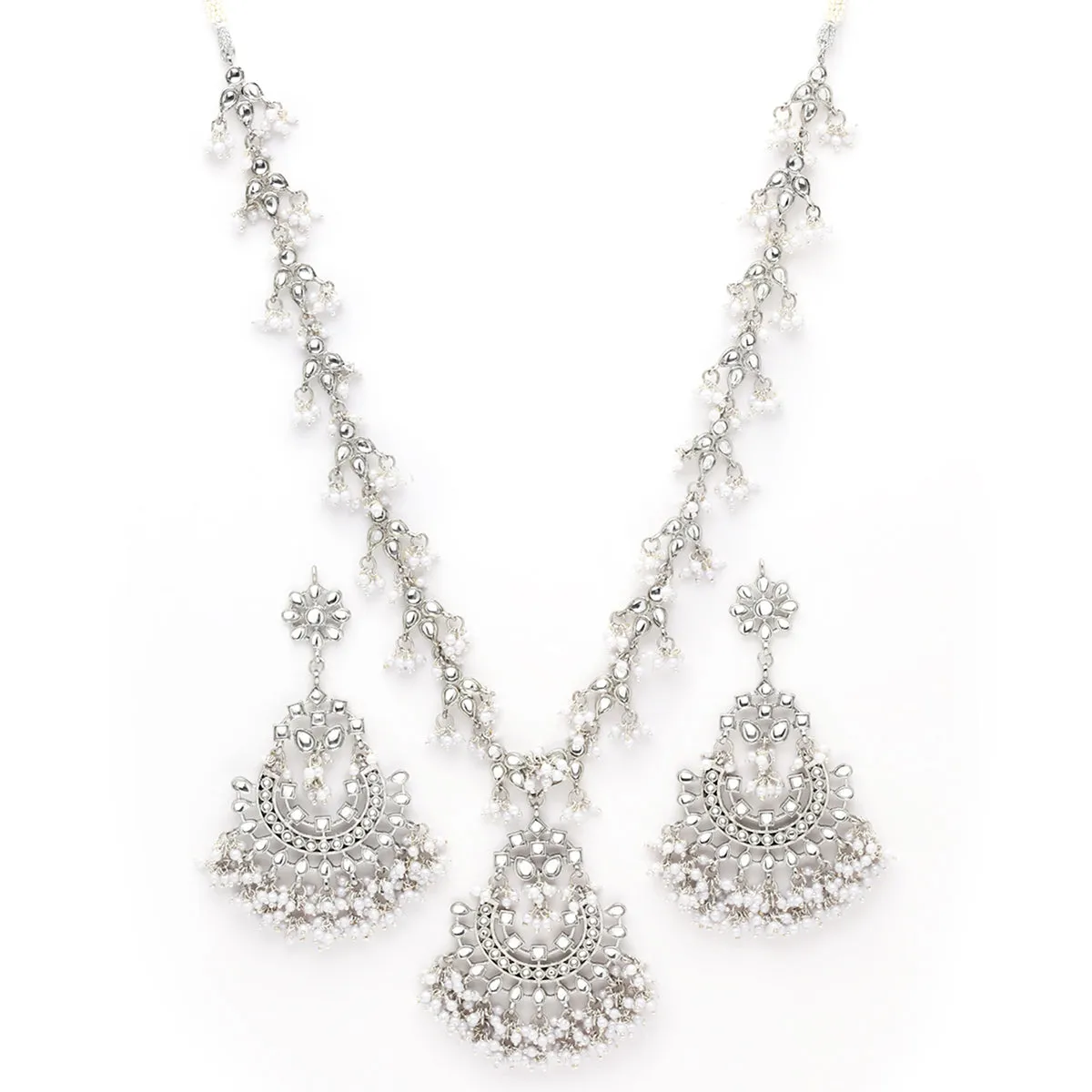 Karatcart Oxidised Silver White Tassel Kundan Rani Haar Necklace Setfor Women