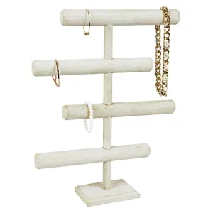 KGMcare Lightweight Wooden 4-Tier Jewelry Display Stand, Wooden Necklace Jewelry Display Organizer Bracelet Holder for Shows, Wooden Bracelet Watch Display Stand, Wash White Color