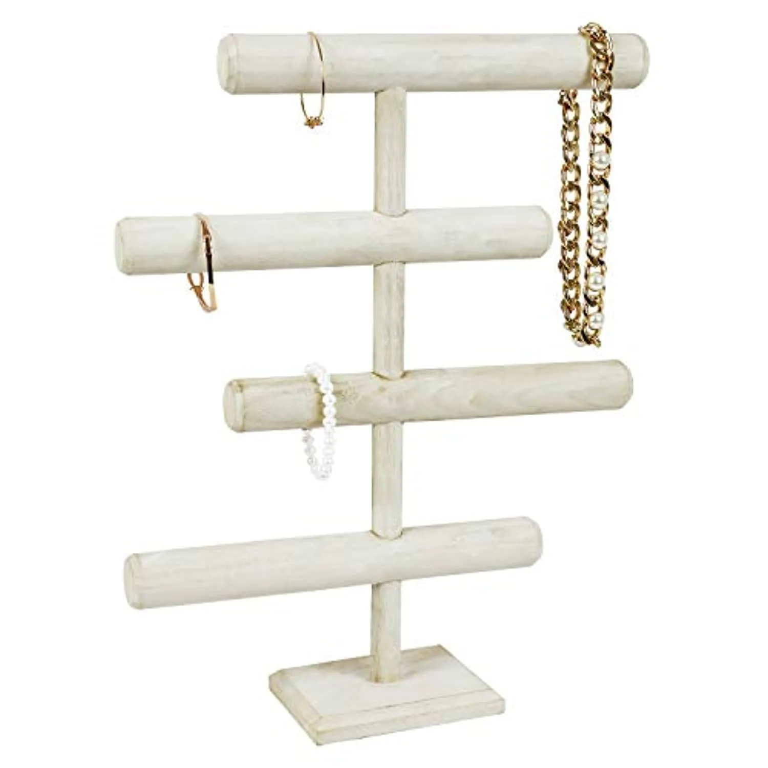 KGMcare Lightweight Wooden 4-Tier Jewelry Display Stand, Wooden Necklace Jewelry Display Organizer Bracelet Holder for Shows, Wooden Bracelet Watch Display Stand, Wash White Color