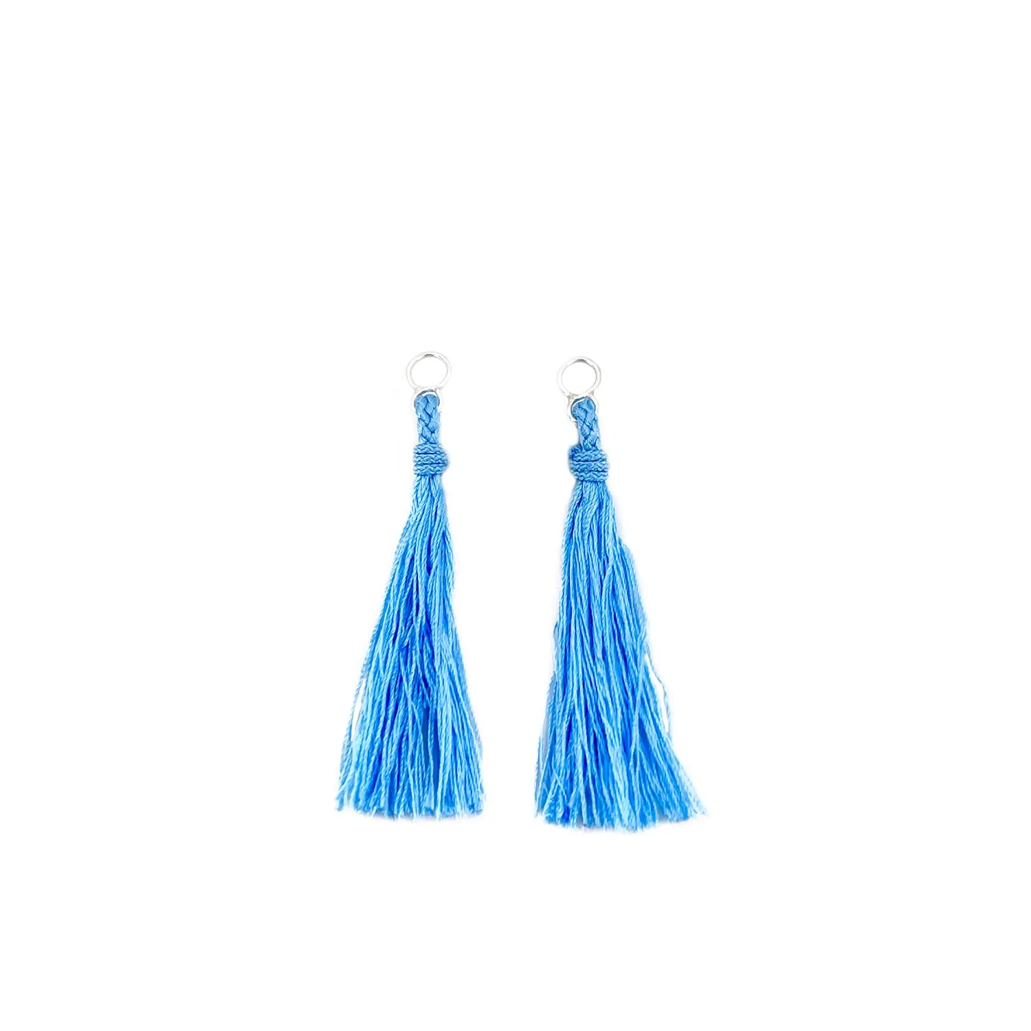 Kumihimo Braided Sky Blue Natural Silk Tassel Boho Pierced Earring Enhancer- Sterling Silver 2 Inch