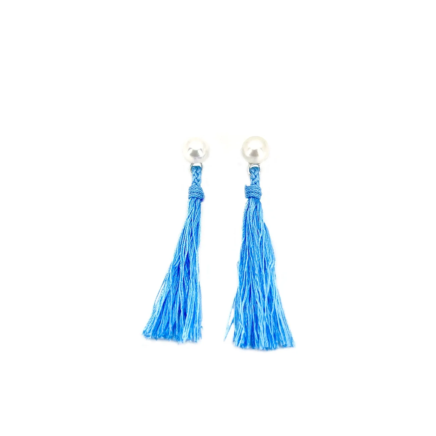 Kumihimo Braided Sky Blue Natural Silk Tassel Boho Pierced Earring Enhancer- Sterling Silver 2 Inch