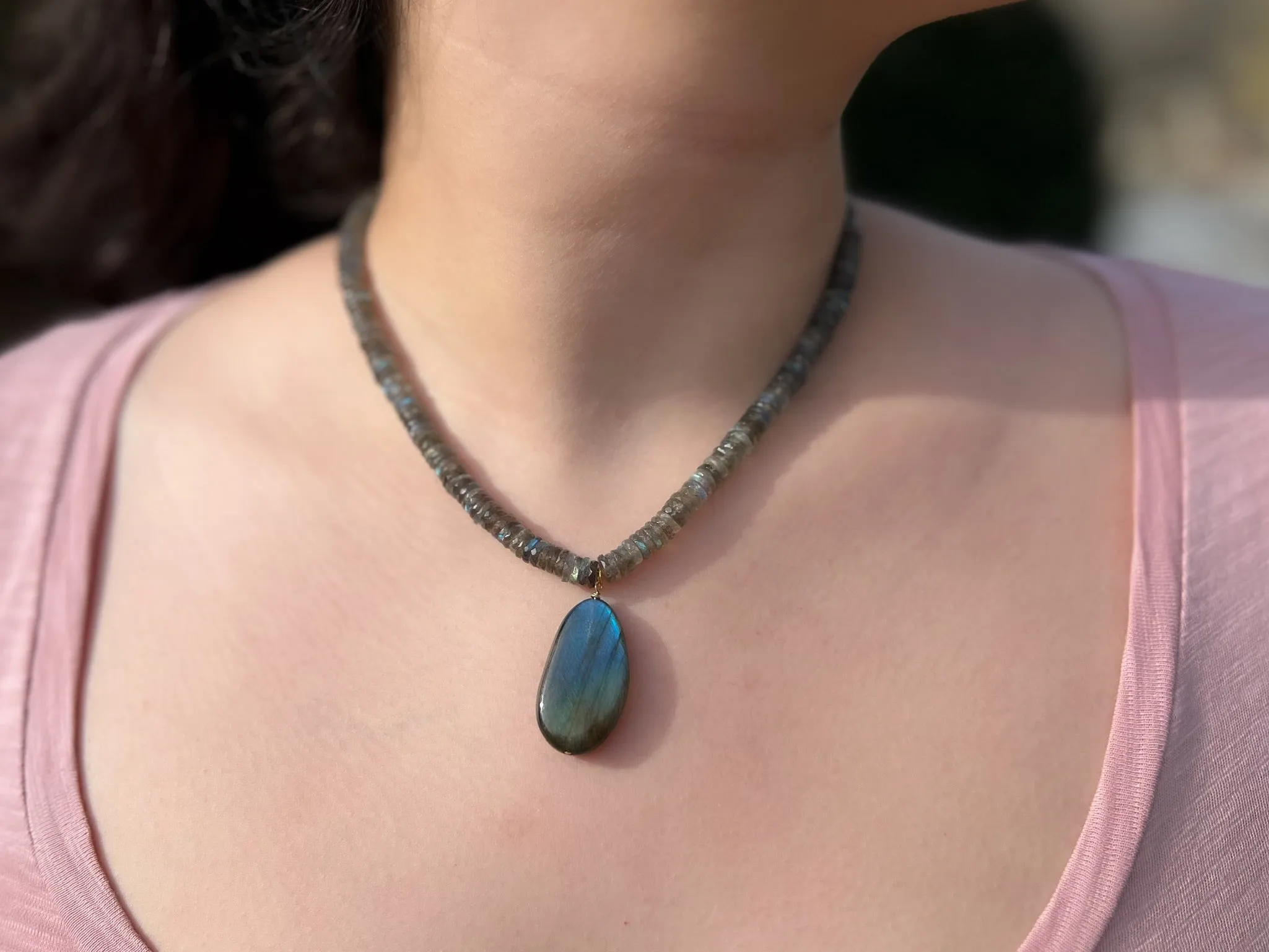 Labradorite Heishi Necklace with Labradorite Pendant