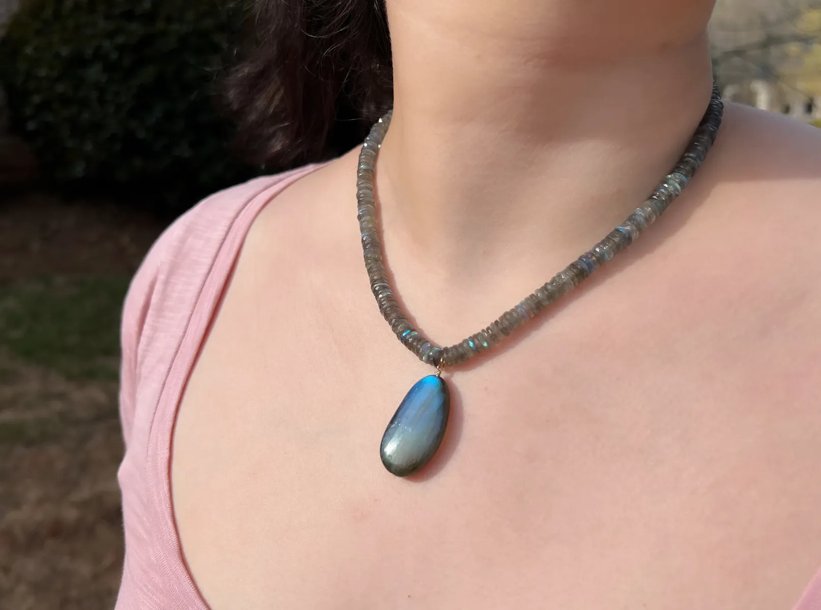 Labradorite Heishi Necklace with Labradorite Pendant