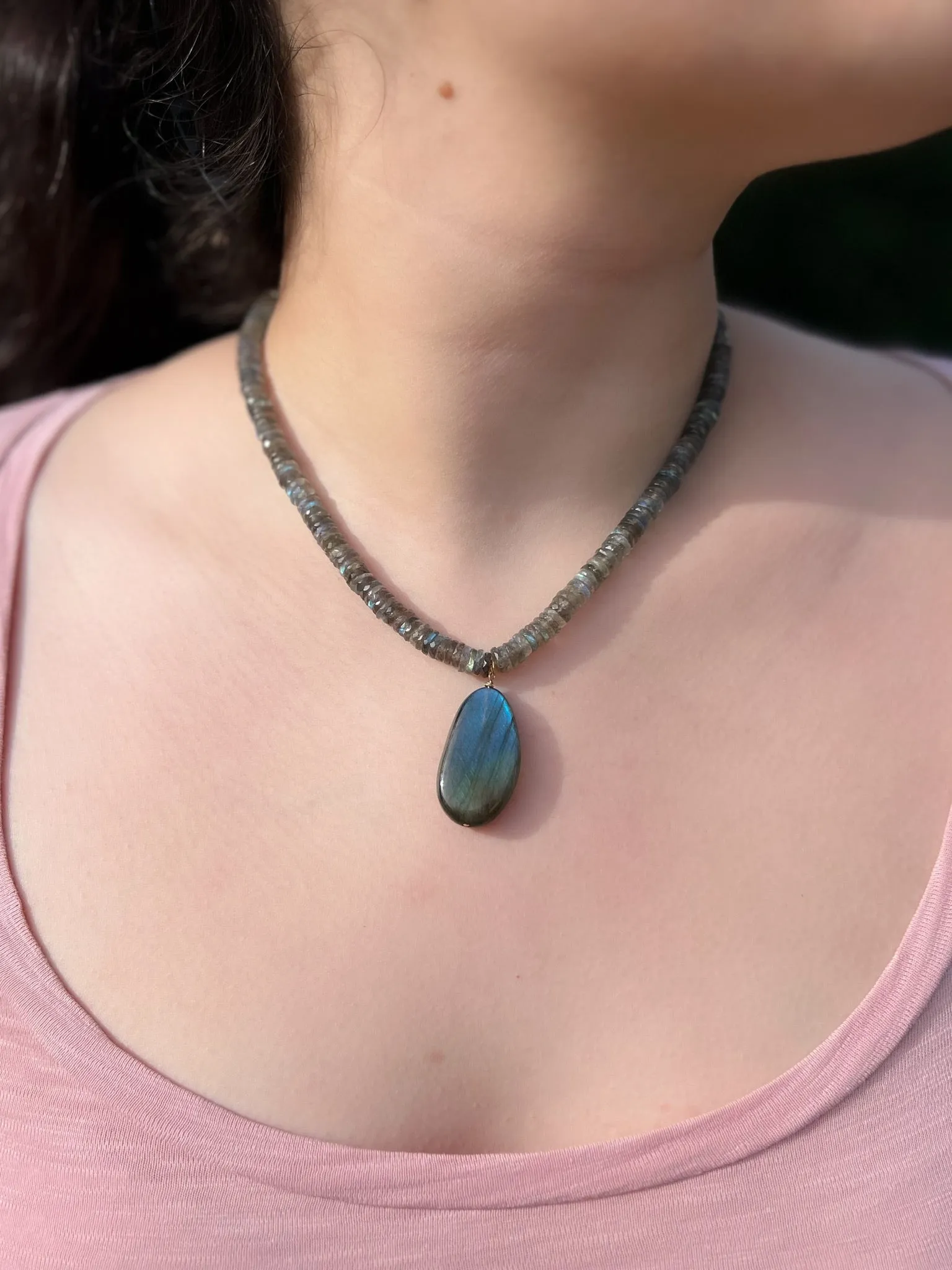 Labradorite Heishi Necklace with Labradorite Pendant