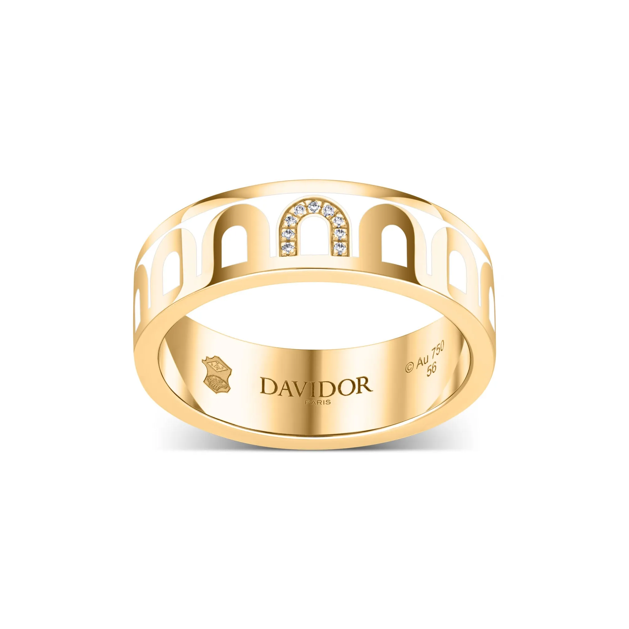 L’Arc de DAVIDOR Ring MM, 18k Yellow Gold with Neige Lacquered Ceramic and Porta Simple Diamonds