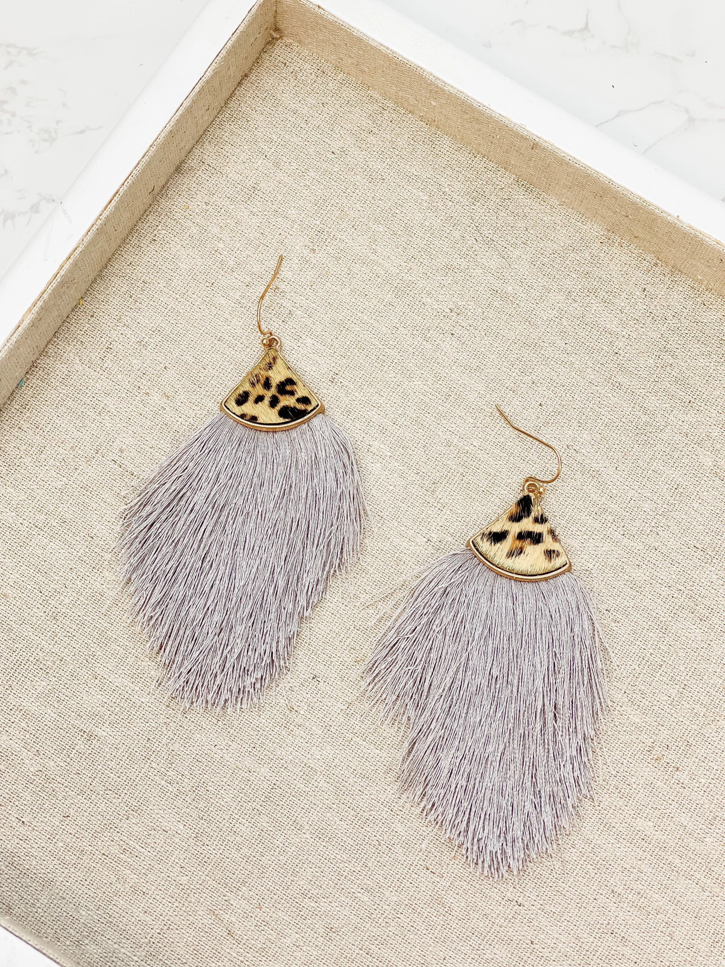 Leather Tassel Leopard Detail Earrings - Grey