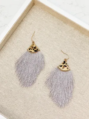 Leather Tassel Leopard Detail Earrings - Grey