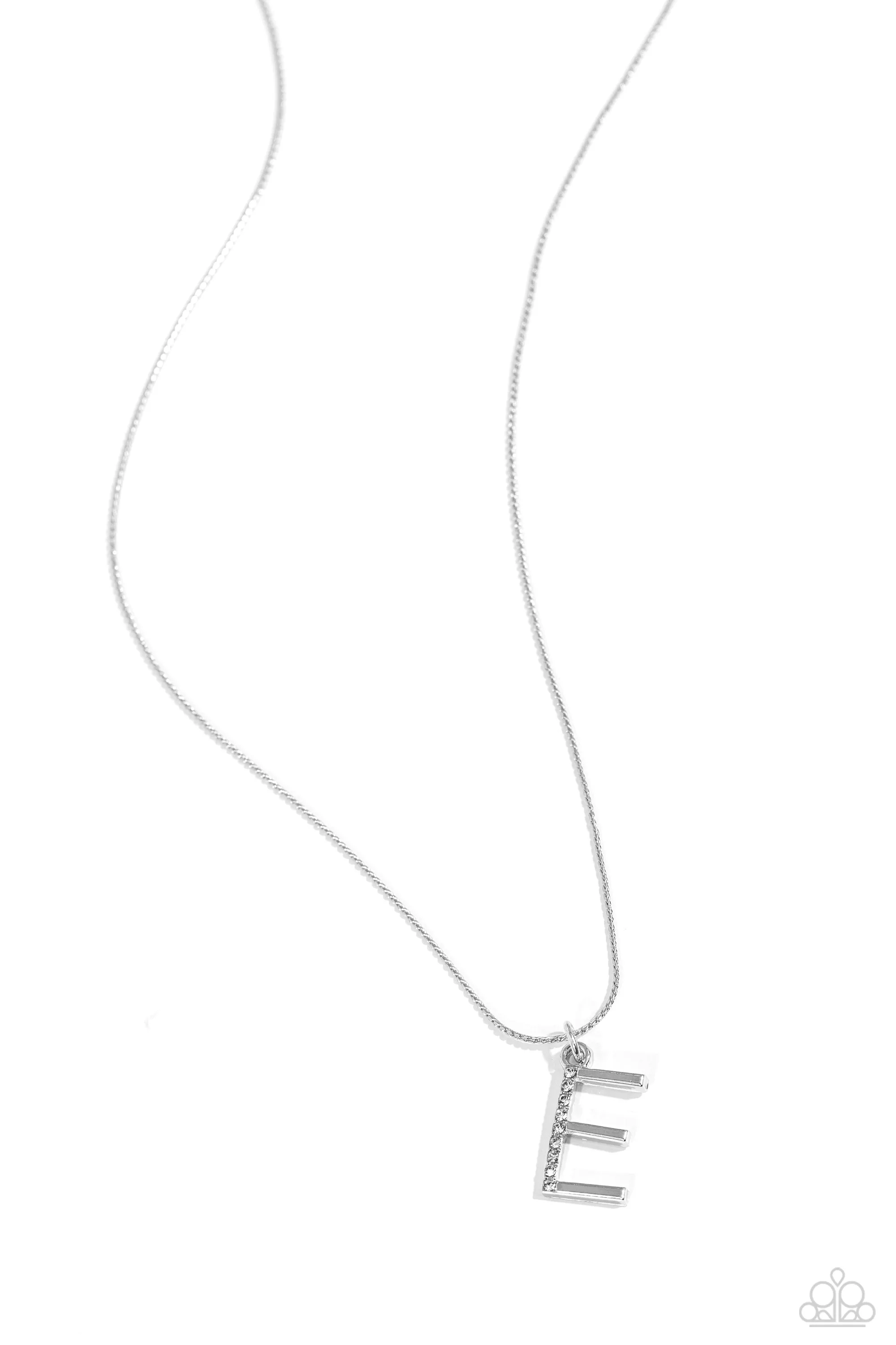 Letter of the Law - E - White Rhinestone Silver Initial Paparazzi Short Necklace
