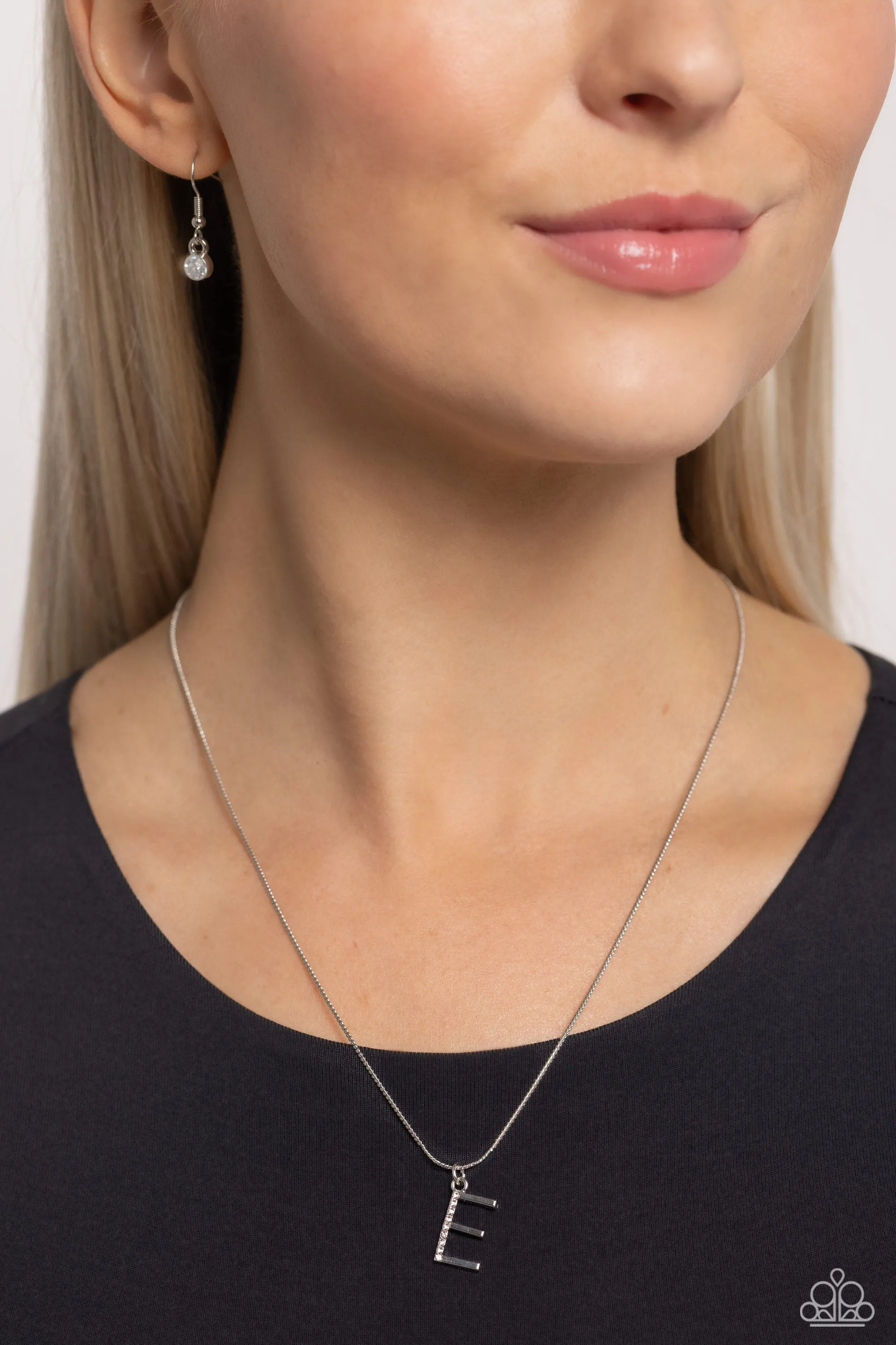Letter of the Law - E - White Rhinestone Silver Initial Paparazzi Short Necklace