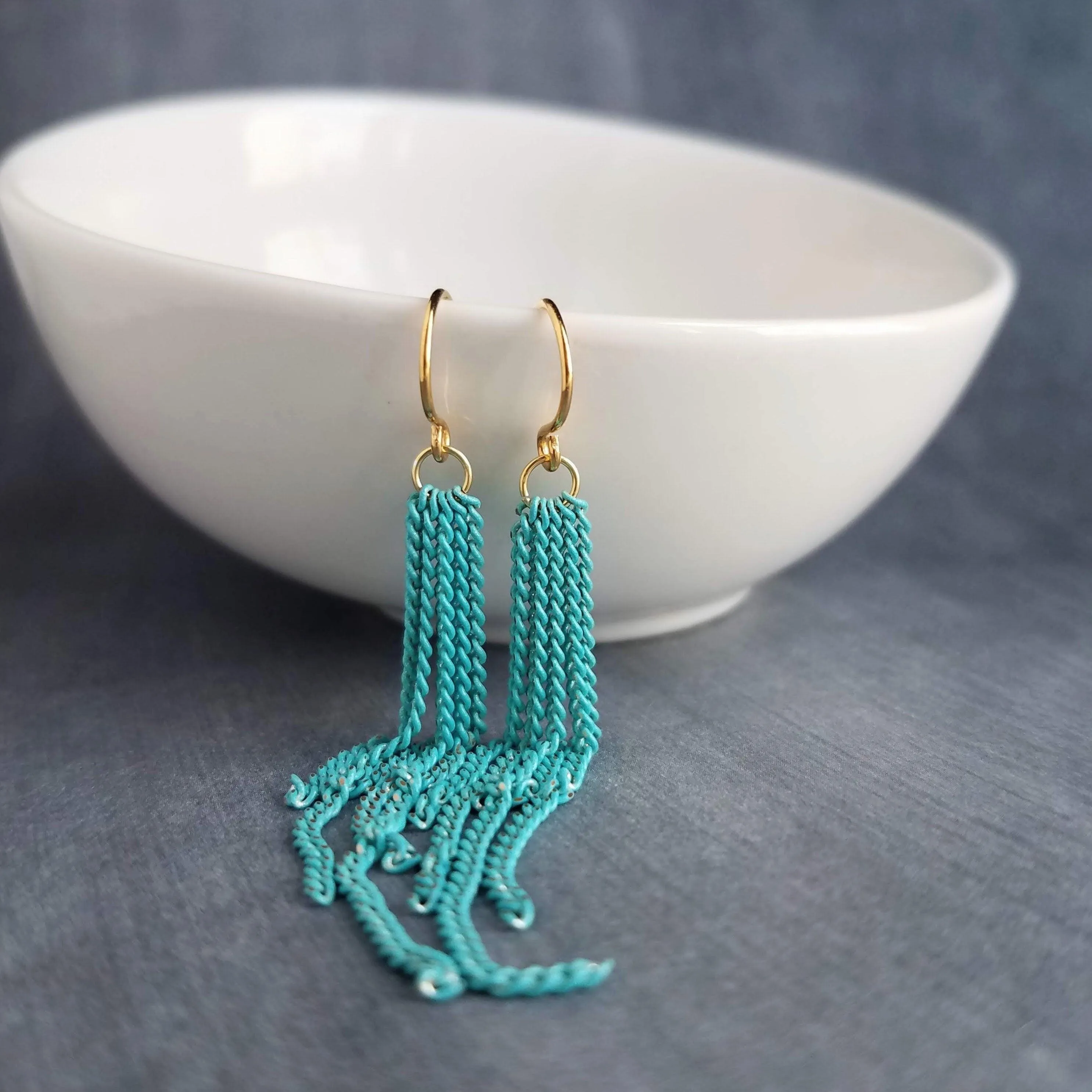 Long Chain Earrings, tassel earring, curb chains earring, blue earring, teal earring, turquoise earring, colored chain, chain fringe earring