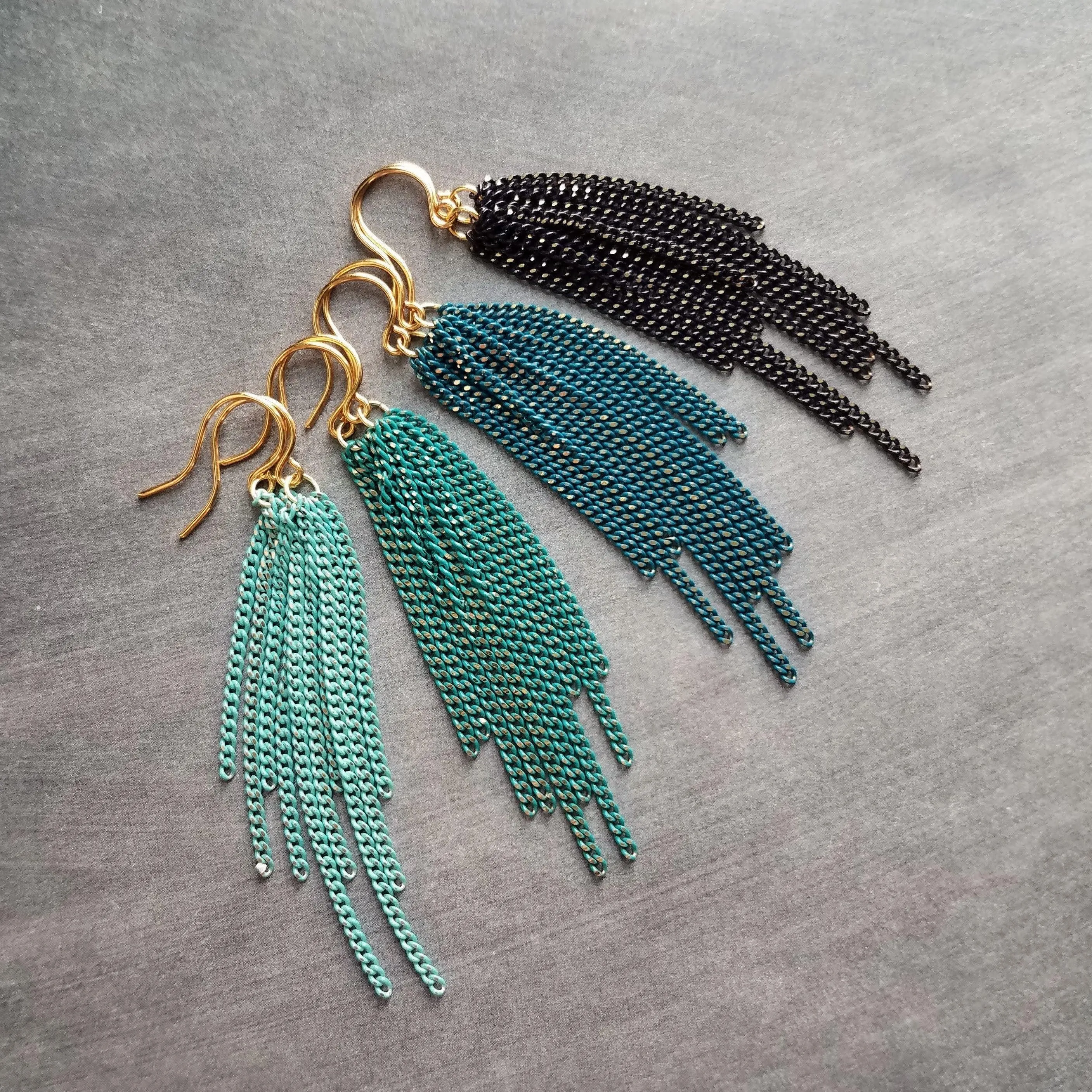 Long Chain Earrings, tassel earring, curb chains earring, blue earring, teal earring, turquoise earring, colored chain, chain fringe earring