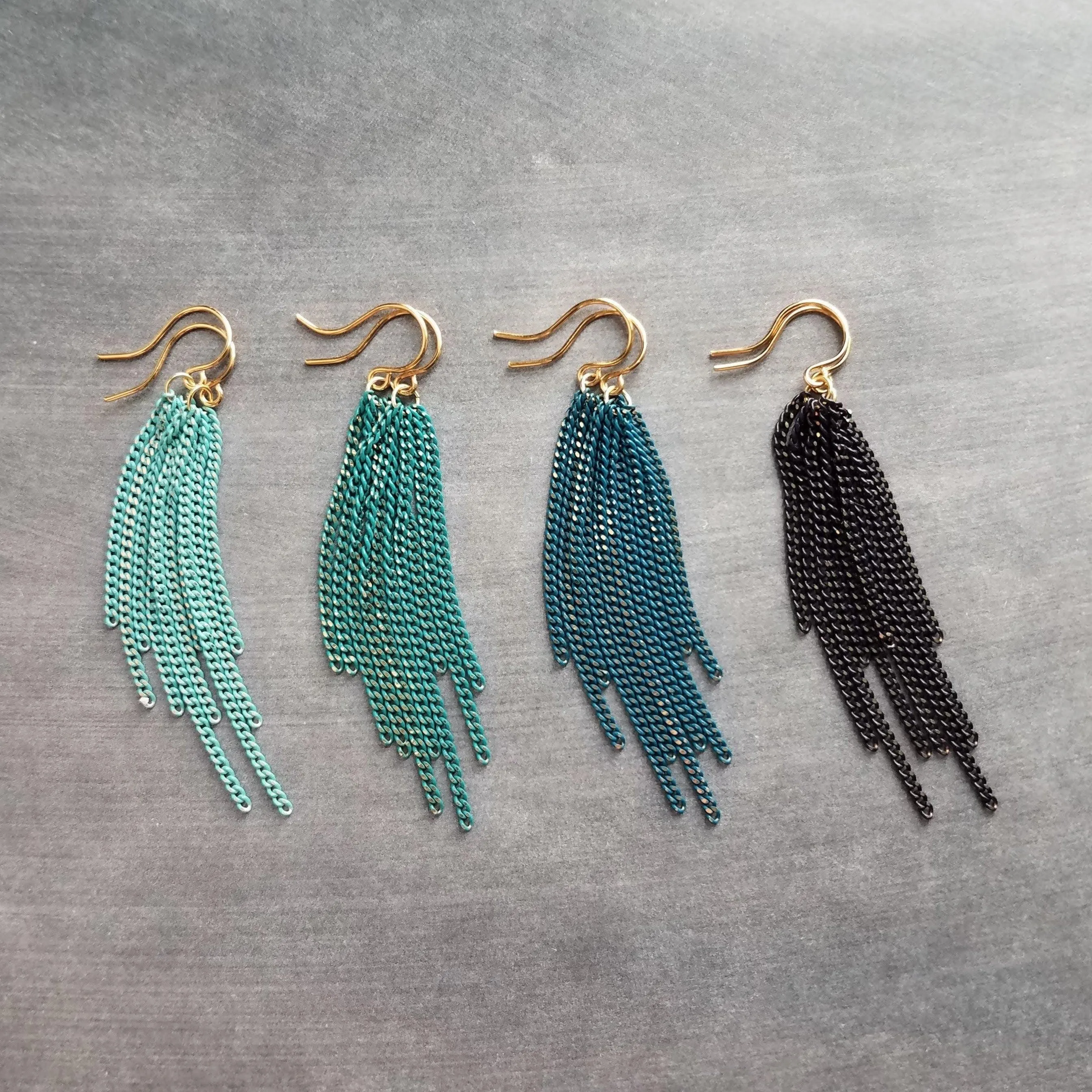 Long Chain Earrings, tassel earring, curb chains earring, blue earring, teal earring, turquoise earring, colored chain, chain fringe earring