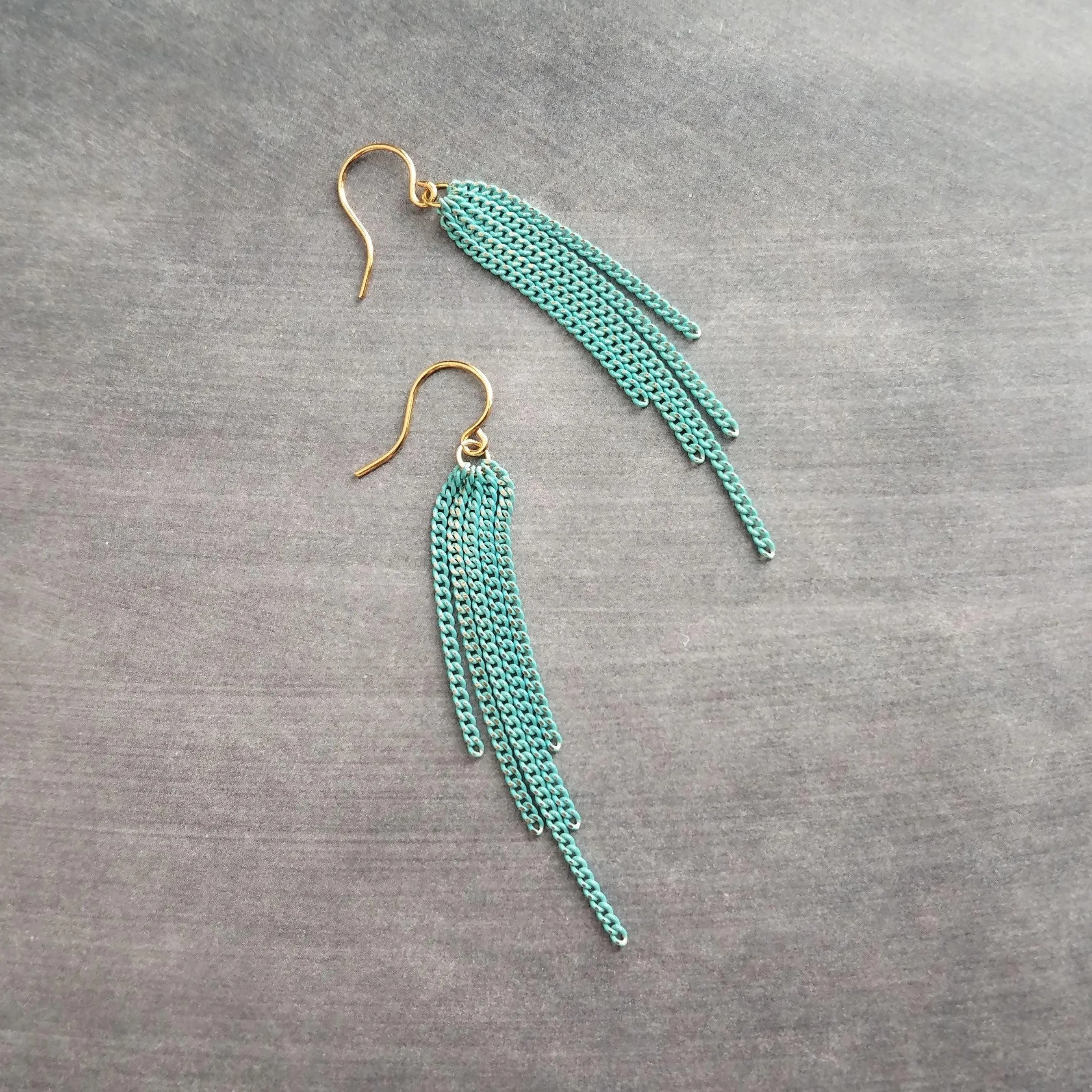 Long Chain Earrings, tassel earring, curb chains earring, blue earring, teal earring, turquoise earring, colored chain, chain fringe earring
