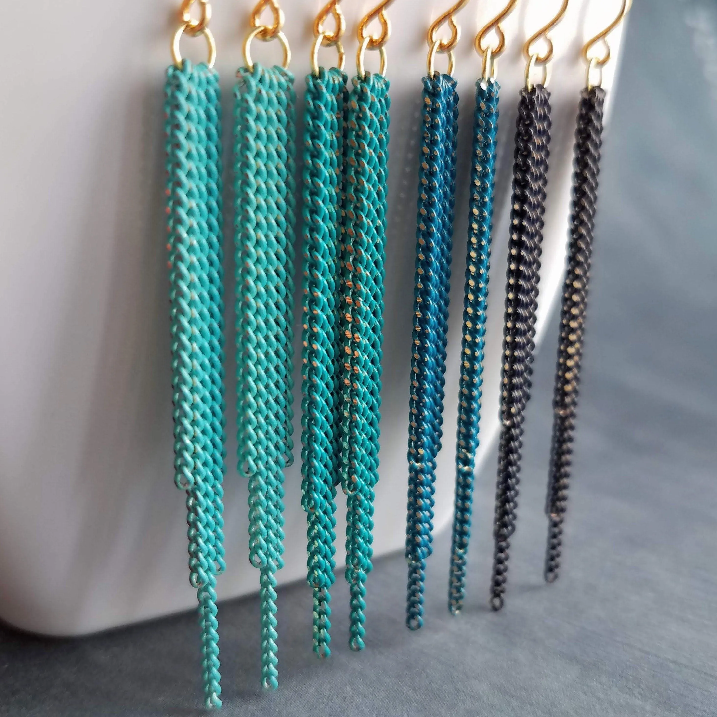 Long Chain Earrings, tassel earring, curb chains earring, blue earring, teal earring, turquoise earring, colored chain, chain fringe earring