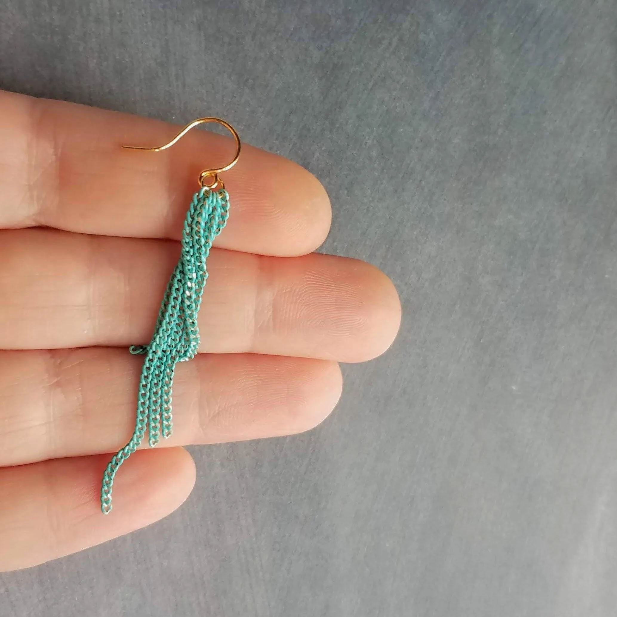 Long Chain Earrings, tassel earring, curb chains earring, blue earring, teal earring, turquoise earring, colored chain, chain fringe earring