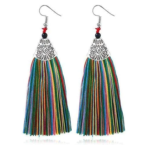Long Tassel Earrings - African thread drop Earrings, tropical casual