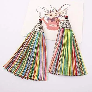 Long Tassel Earrings - African thread drop Earrings, tropical casual