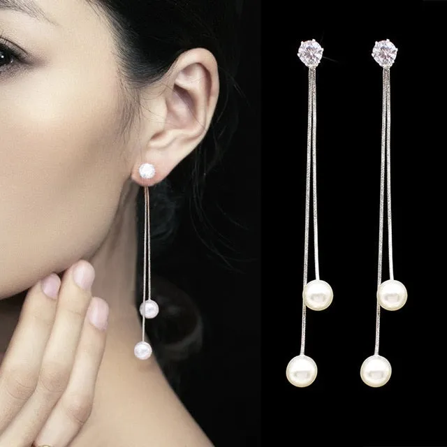 Long Tassel Simulated Pearl Drop Earrings