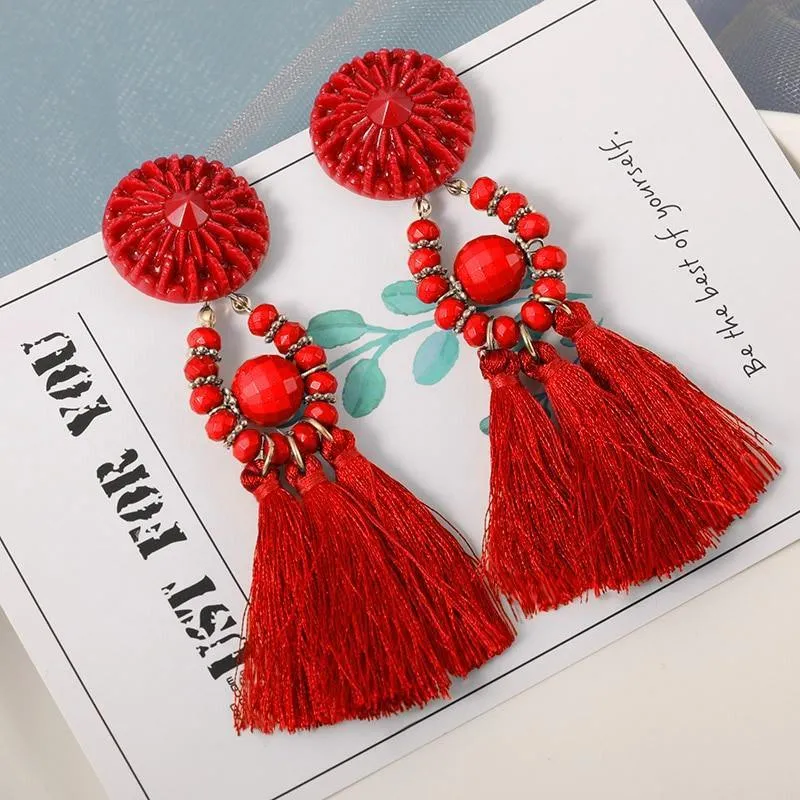 Luxury Elegant Tassel Modern Tassel Earrings for Women In  Cotton Silk Fabric Long Fringe Drop  Earrings Design