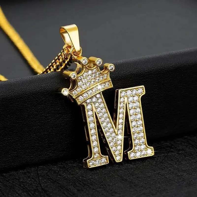 Luxury Modern Crystal Zircon Alphabet Pendant Necklaces For Women and Men With Crown Initial Letter Necklace Hip Hop Gold Chain Jewelry  Diamond Necklace