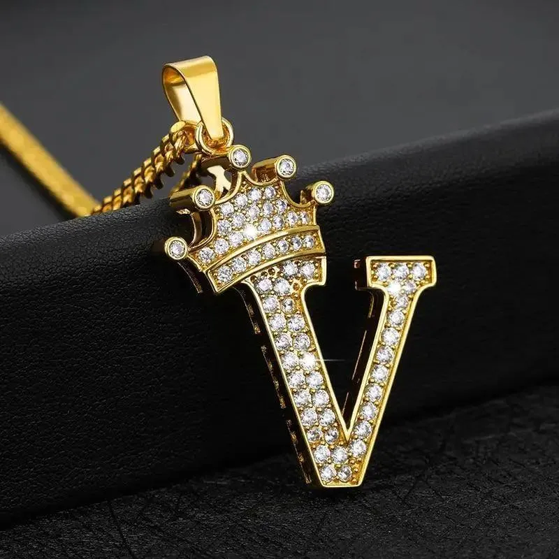 Luxury Modern Crystal Zircon Alphabet Pendant Necklaces For Women and Men With Crown Initial Letter Necklace Hip Hop Gold Chain Jewelry  Diamond Necklace