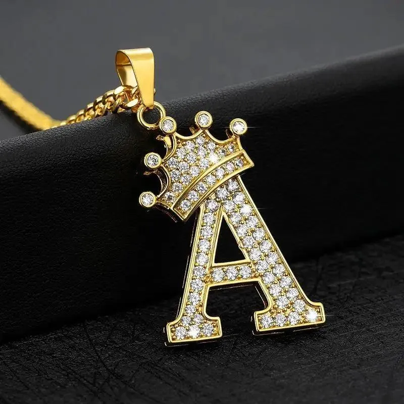 Luxury Modern Crystal Zircon Alphabet Pendant Necklaces For Women and Men With Crown Initial Letter Necklace Hip Hop Gold Chain Jewelry  Diamond Necklace