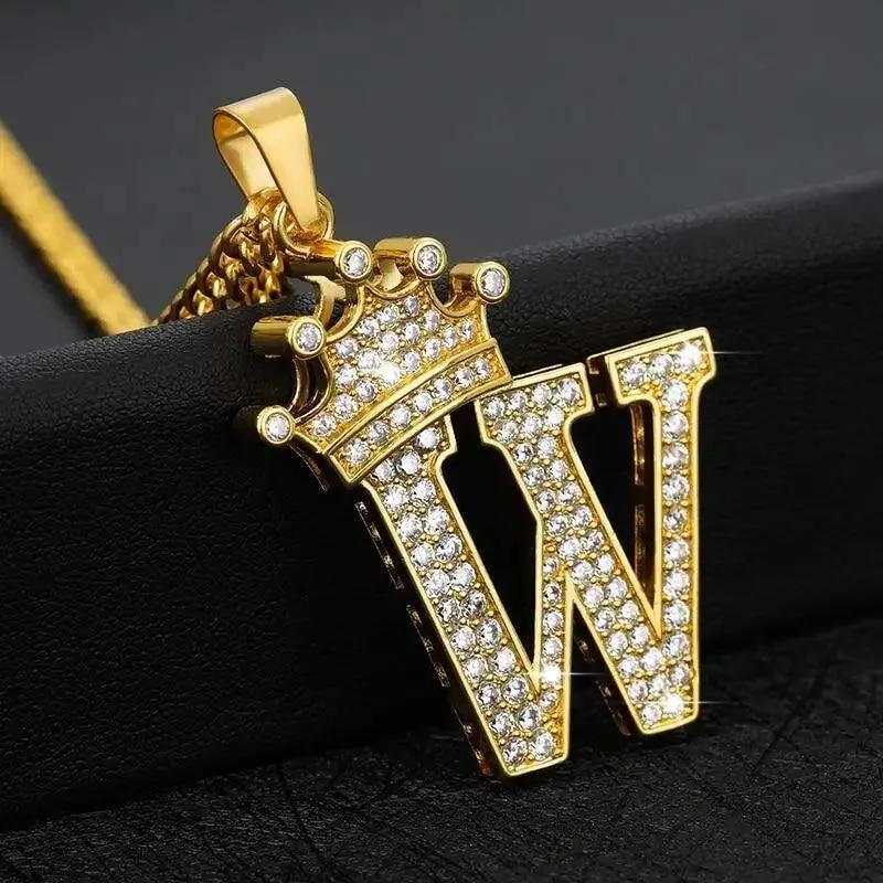 Luxury Modern Crystal Zircon Alphabet Pendant Necklaces For Women and Men With Crown Initial Letter Necklace Hip Hop Gold Chain Jewelry  Diamond Necklace