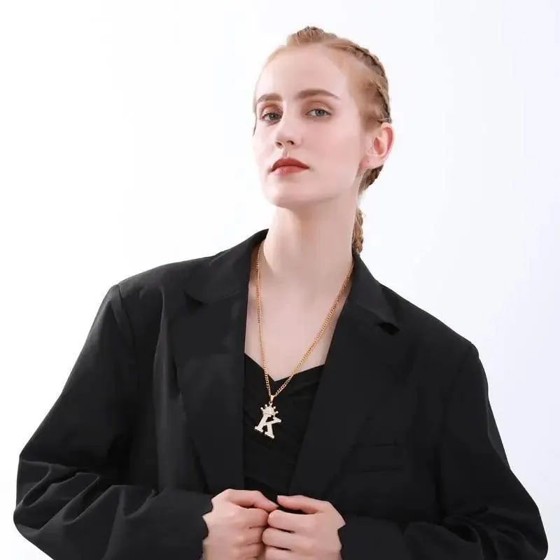 Luxury Modern Crystal Zircon Alphabet Pendant Necklaces For Women and Men With Crown Initial Letter Necklace Hip Hop Gold Chain Jewelry  Diamond Necklace