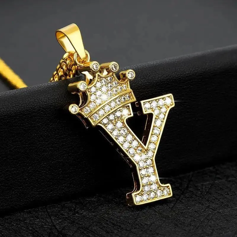 Luxury Modern Crystal Zircon Alphabet Pendant Necklaces For Women and Men With Crown Initial Letter Necklace Hip Hop Gold Chain Jewelry  Diamond Necklace