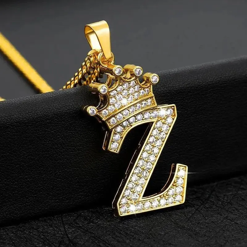 Luxury Modern Crystal Zircon Alphabet Pendant Necklaces For Women and Men With Crown Initial Letter Necklace Hip Hop Gold Chain Jewelry  Diamond Necklace