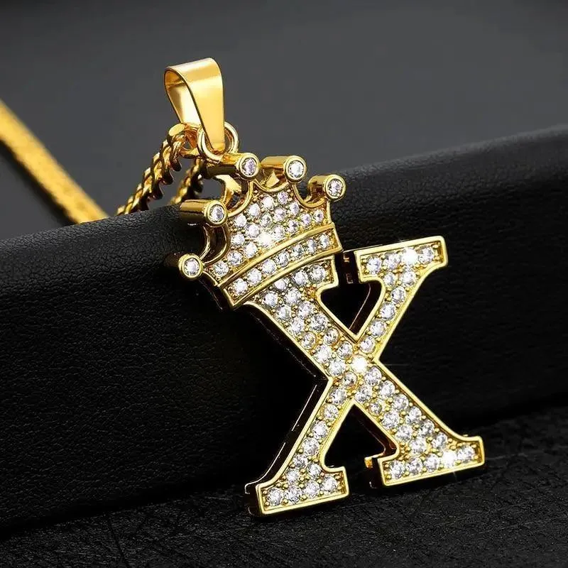 Luxury Modern Crystal Zircon Alphabet Pendant Necklaces For Women and Men With Crown Initial Letter Necklace Hip Hop Gold Chain Jewelry  Diamond Necklace