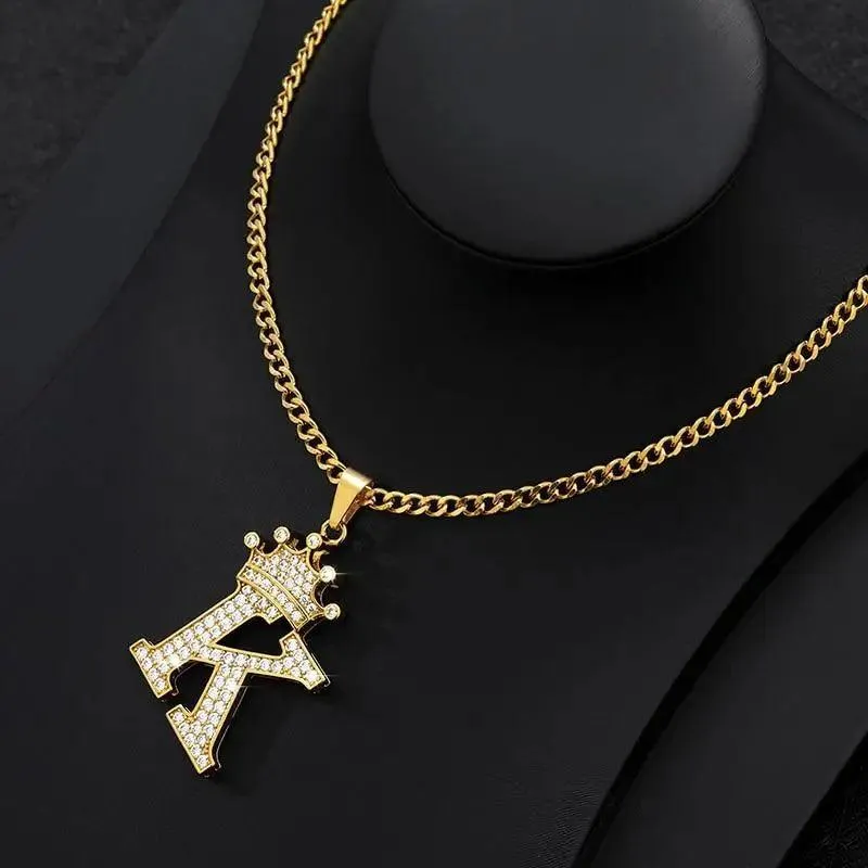 Luxury Modern Crystal Zircon Alphabet Pendant Necklaces For Women and Men With Crown Initial Letter Necklace Hip Hop Gold Chain Jewelry  Diamond Necklace