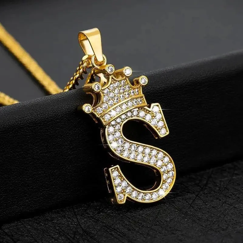 Luxury Modern Crystal Zircon Alphabet Pendant Necklaces For Women and Men With Crown Initial Letter Necklace Hip Hop Gold Chain Jewelry  Diamond Necklace