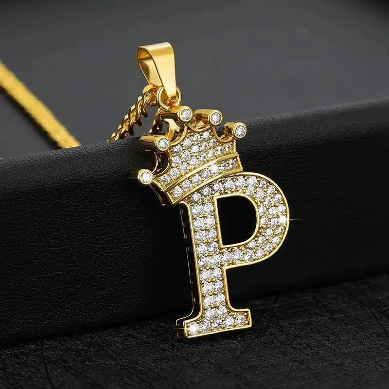 Luxury Modern Crystal Zircon Alphabet Pendant Necklaces For Women and Men With Crown Initial Letter Necklace Hip Hop Gold Chain Jewelry  Diamond Necklace