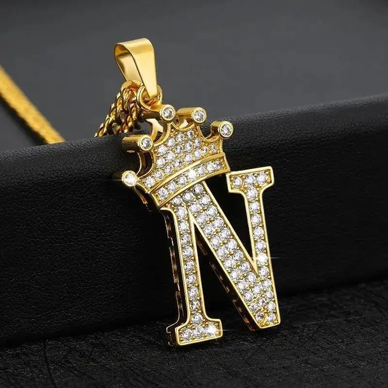 Luxury Modern Crystal Zircon Alphabet Pendant Necklaces For Women and Men With Crown Initial Letter Necklace Hip Hop Gold Chain Jewelry  Diamond Necklace