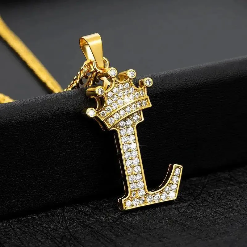 Luxury Modern Crystal Zircon Alphabet Pendant Necklaces For Women and Men With Crown Initial Letter Necklace Hip Hop Gold Chain Jewelry  Diamond Necklace