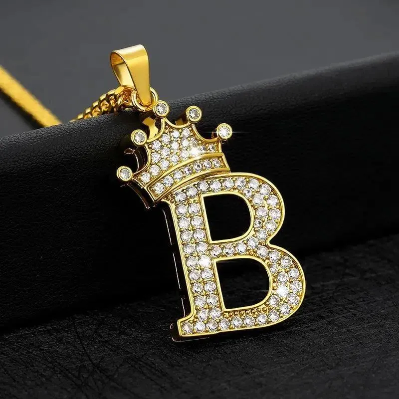 Luxury Modern Crystal Zircon Alphabet Pendant Necklaces For Women and Men With Crown Initial Letter Necklace Hip Hop Gold Chain Jewelry  Diamond Necklace