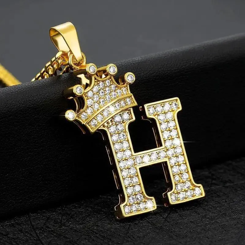 Luxury Modern Crystal Zircon Alphabet Pendant Necklaces For Women and Men With Crown Initial Letter Necklace Hip Hop Gold Chain Jewelry  Diamond Necklace