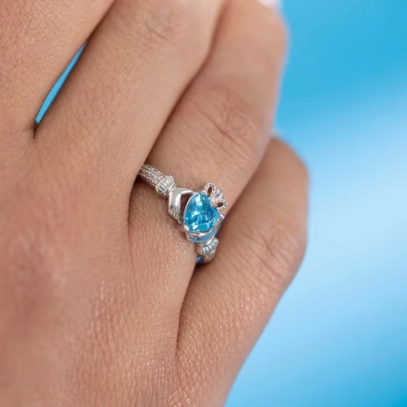 MARCH Birthstone Sterling Silver Claddagh Ring S-S21062-3