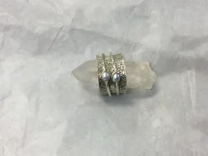 Meditation Ring, Silver Pattern with Double Thin Silver Band with Pearls