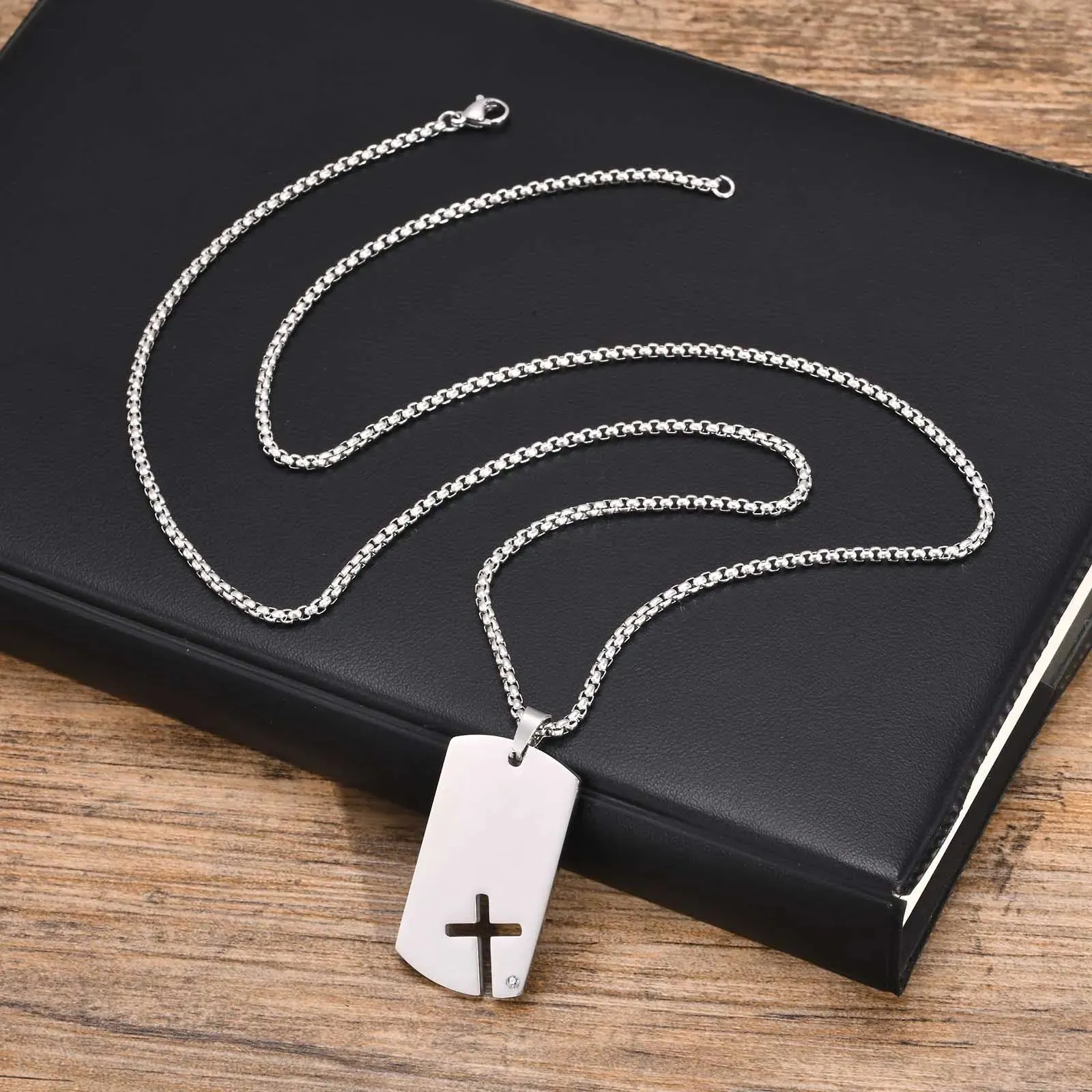 Mens Black Dog Tag Necklaces with Cubic Zirconia