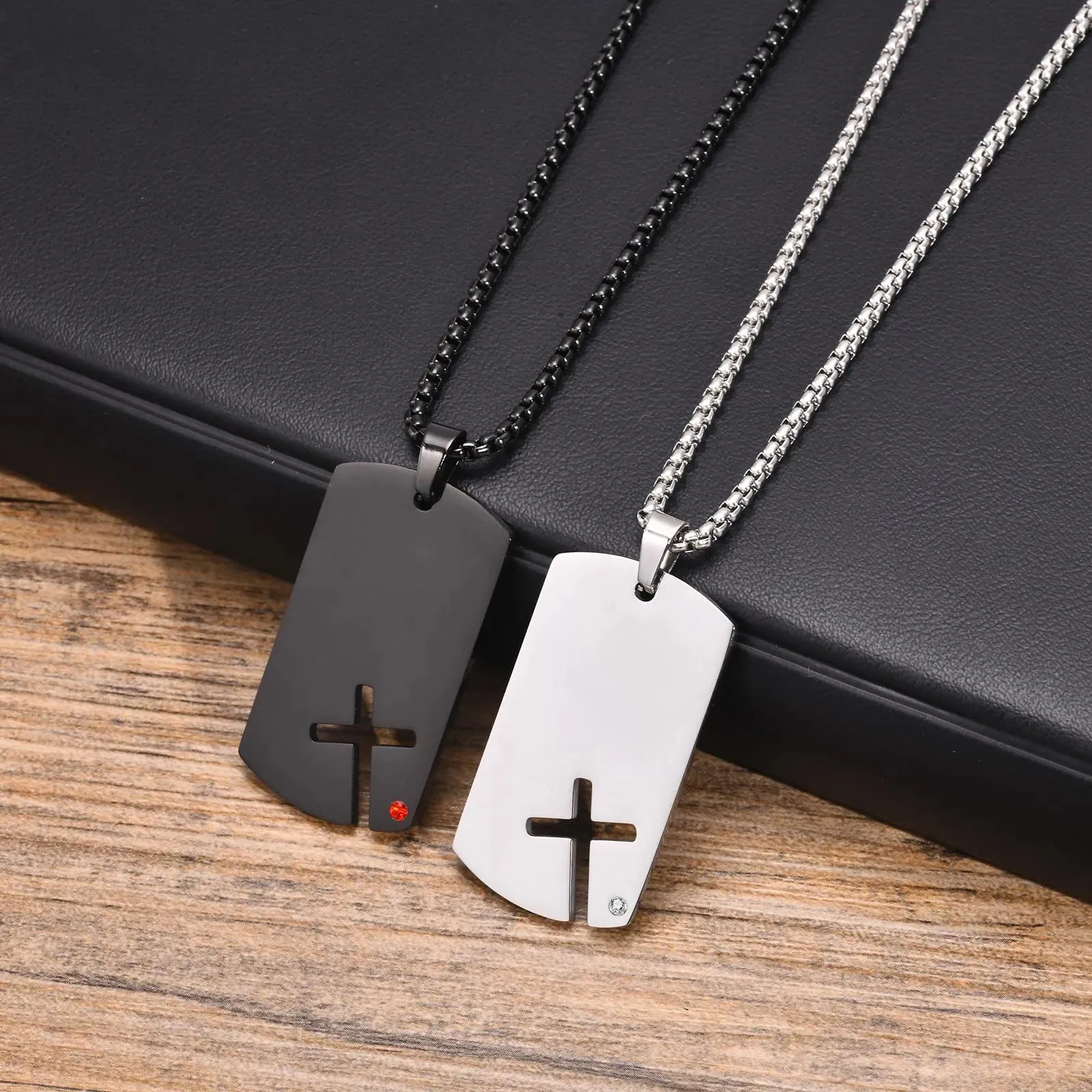 Mens Black Dog Tag Necklaces with Cubic Zirconia